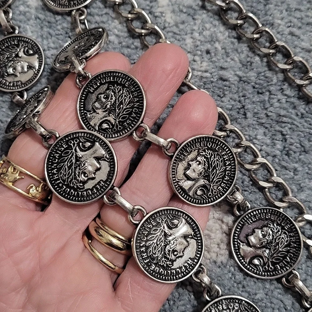 Chico's Messina Silver Metal Coin Medallion Chain Link Belt